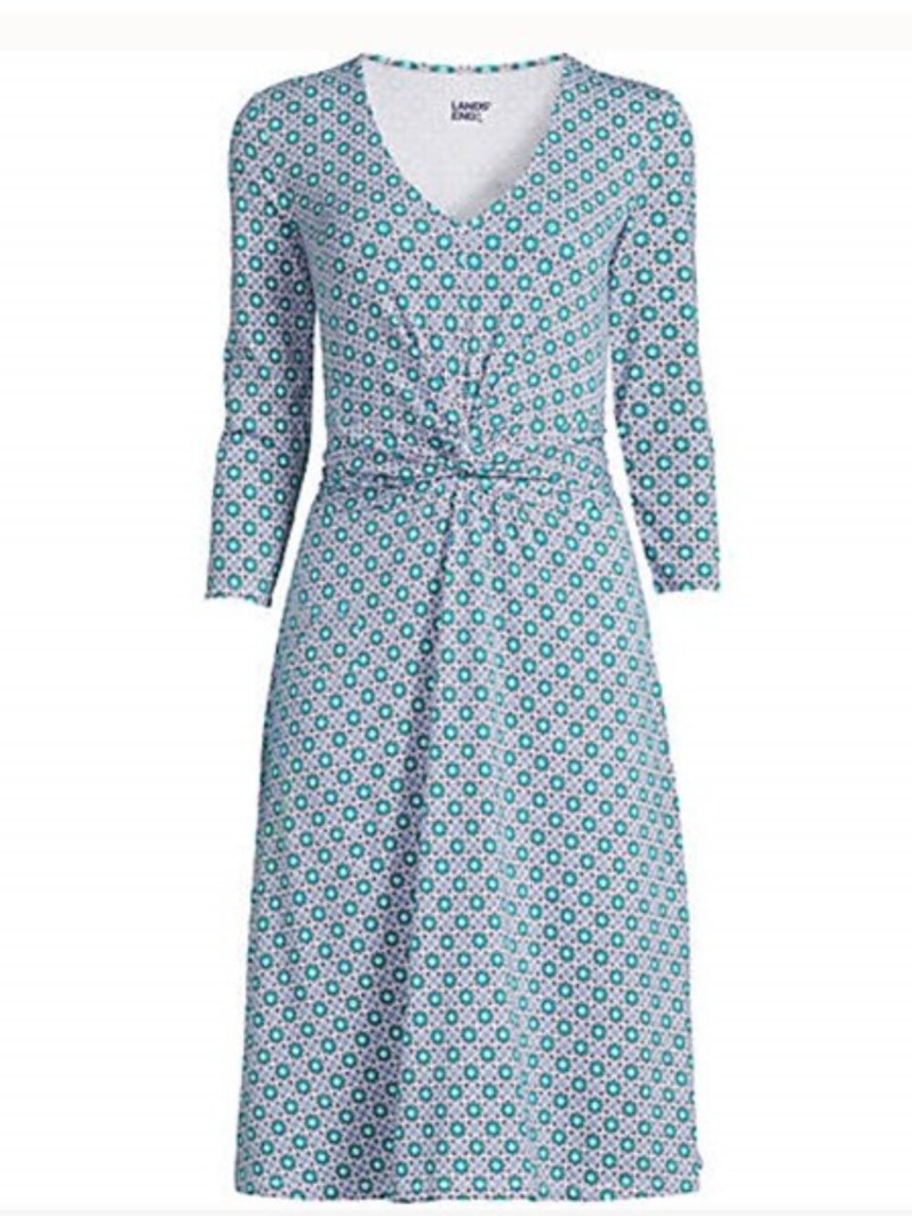 Lands' End Small TALL Midi Fit and Flare Dress w/ Pockets - Green Print